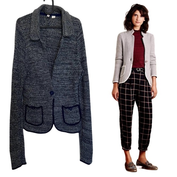 Moth by Anthropologie Wool Blend Blakely Marled Blue Blazer Knit Cardigan Large - Picture 1 of 8